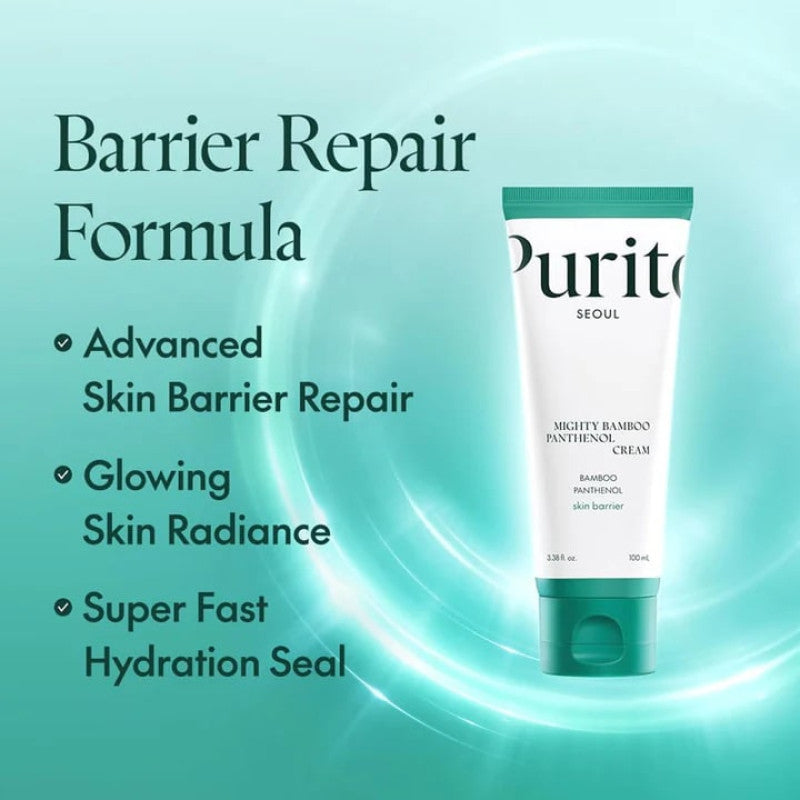 Purito SEOUL Mighty Bamboo Panthenol Cream tube featuring advanced hydration and skin barrier repair, ideal for Purito bamboo cream for hydration