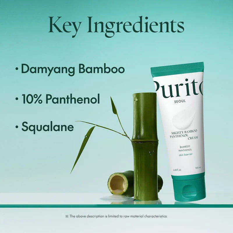 Purito SEOUL Mighty Bamboo Panthenol Cream with key ingredients bamboo, panthenol, and squalane for hydration
