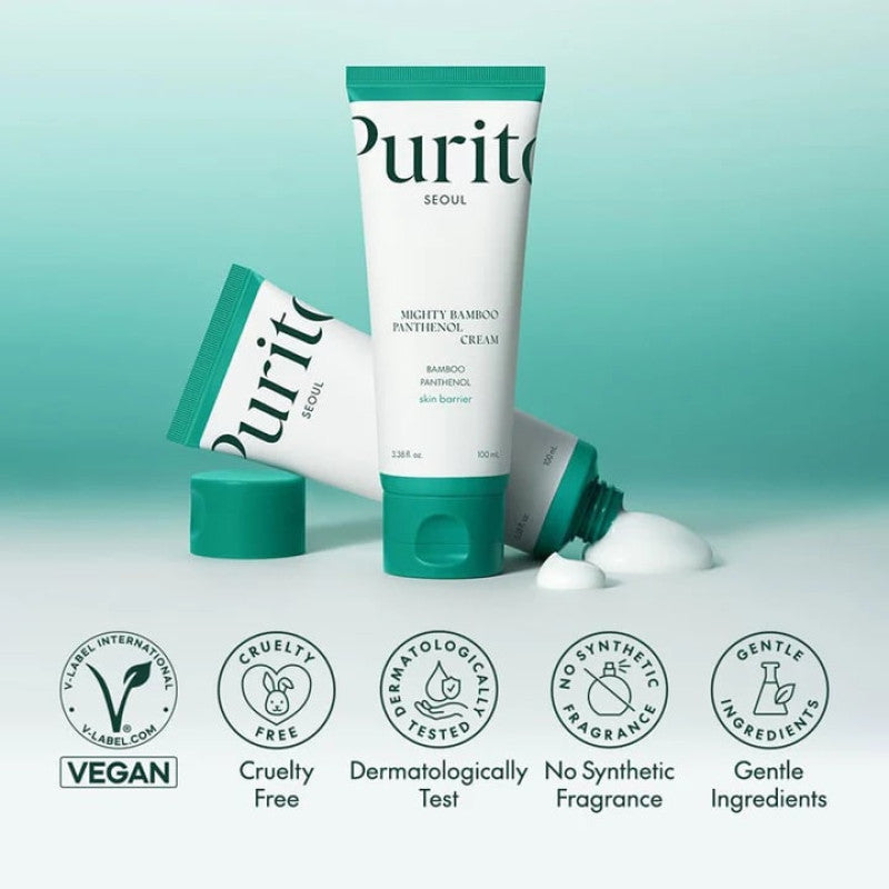 Purito SEOUL Mighty Bamboo Panthenol Cream for hydration with vegan and gentle ingredients, ideal for moisturizing skin.