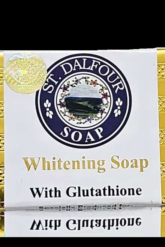 ST. Dalfour glutathione soap in a bright gold package, promoting whitening and brightening benefits for glowing skin
