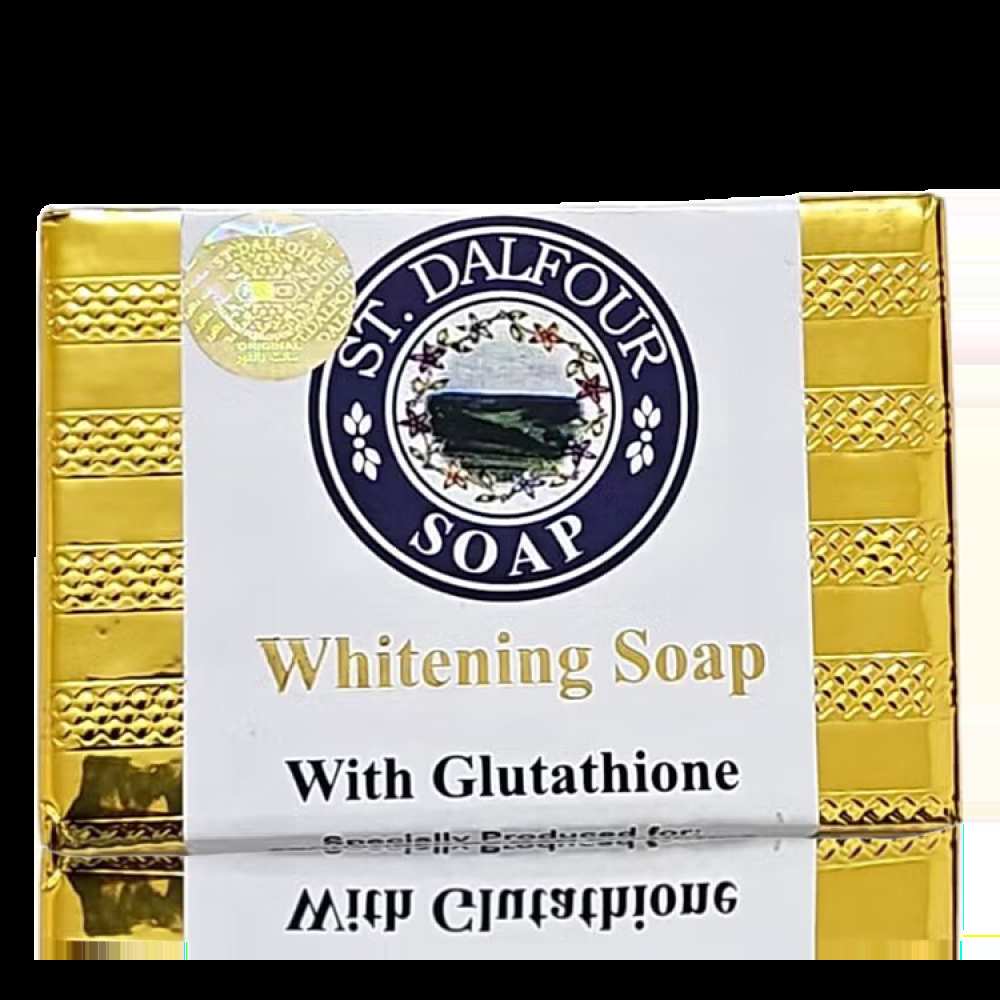 ST. Dalfour glutathione soap in a bright gold package, promoting whitening and brightening benefits for glowing skin