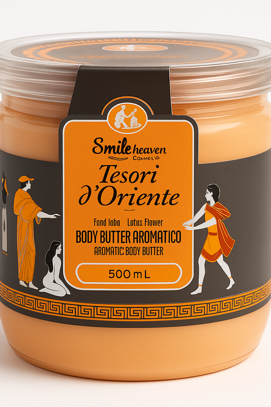 Jar of Tesori d'Oriente body butter with a decorative label on a white background