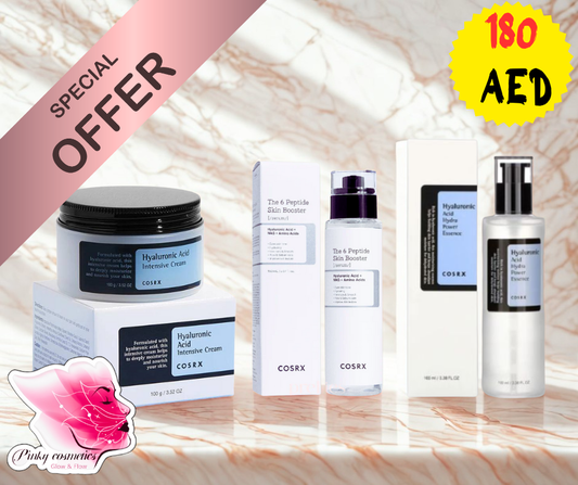 COSRX skincare trio set with Hyaluronic Acid Cream, Peptide Serum, and Hydra Essence

Korean skincare products for hydration and anti-aging on pastel background

COSRX hyaluronic acid and peptide skincare routine displayed together