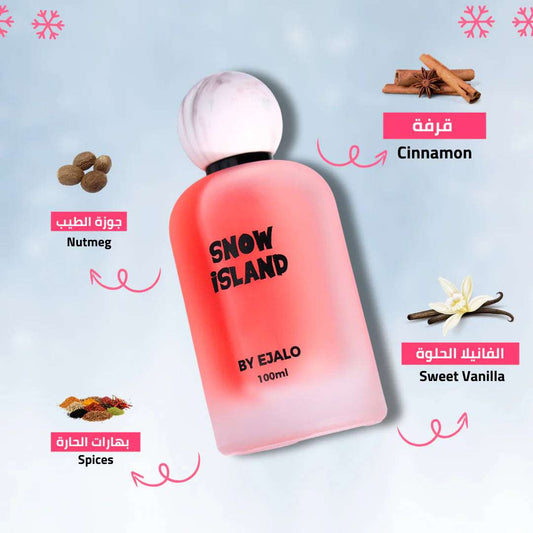 Snow Island perfume 100ml in a stylish bottle with notes of sweet vanilla and warm spices, perfect for a cozy scent.