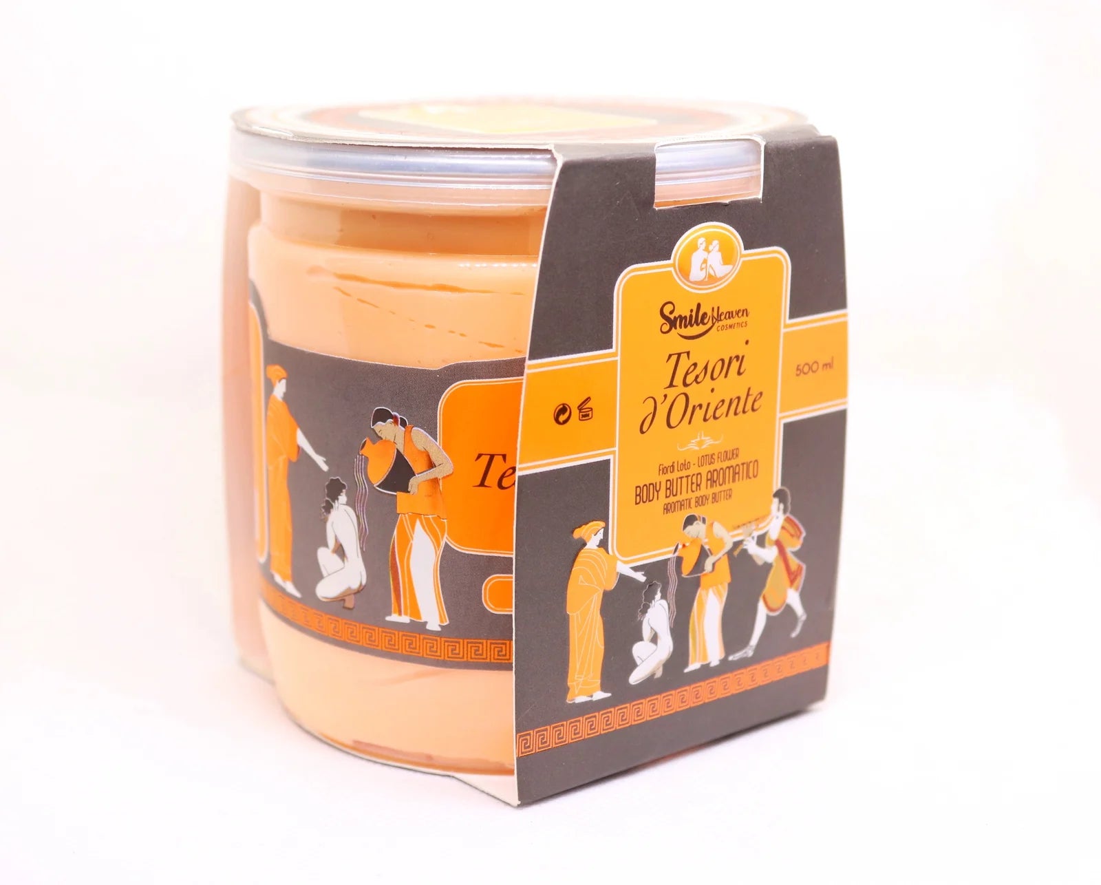 Candle in a decorative container with packaging featuring illustrations and text.