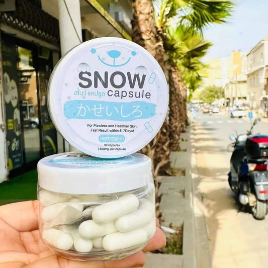 SNOW CAPSULE Arbutin Lightening Powder in a clear container, offering whitening capsules for glowing skin for healthier complexion