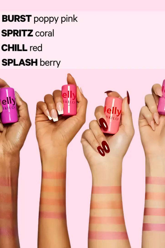 4 piece jelly tint collection featuring BURST, SPRITZ, CHILL, and SPLASH shades swatched on hands