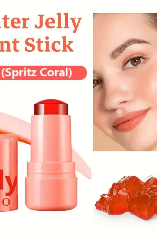 4 piece jelly tint collection featuring a coral tint stick and a model showcasing a natural glow with stunning makeup