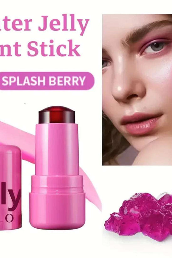 4 piece jelly tint collection featuring water jelly tint stick in Splash Berry with a glossy finish for a vibrant look.