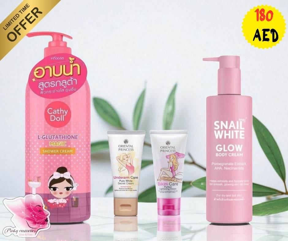 Body Glow & Intimate Care Set – 4-Piece Skin Brightening Kit - Skin Brightening & Intimate Care Kit - Cathy Doll, Snail White, Oriental Princess -- United Arab Emirates -- Pinky Cosmetics
