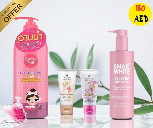 Body Glow & Intimate Care Set – 4-Piece Skin Brightening Kit - Skin Brightening & Intimate Care Kit - Cathy Doll, Snail White, Oriental Princess -- United Arab Emirates -- Pinky Cosmetics