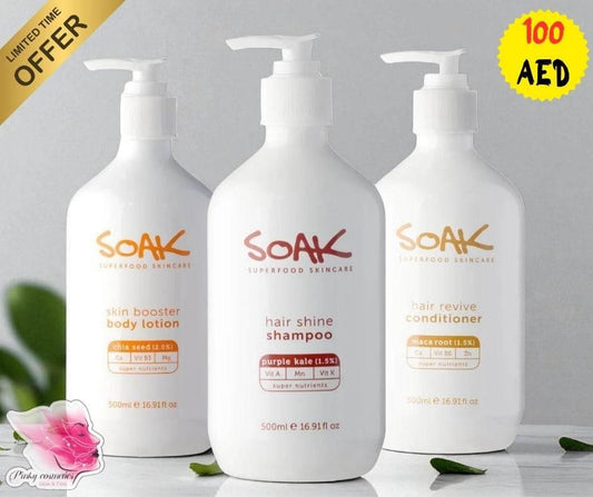 SOAK Superfood Skincare Set – Shampoo, Conditioner & Body Lotion (500ml) - Natural Hair & Body Care Set - SOAK Superfood Skincare -- United Arab Emirates -- Pinky Cosmetics