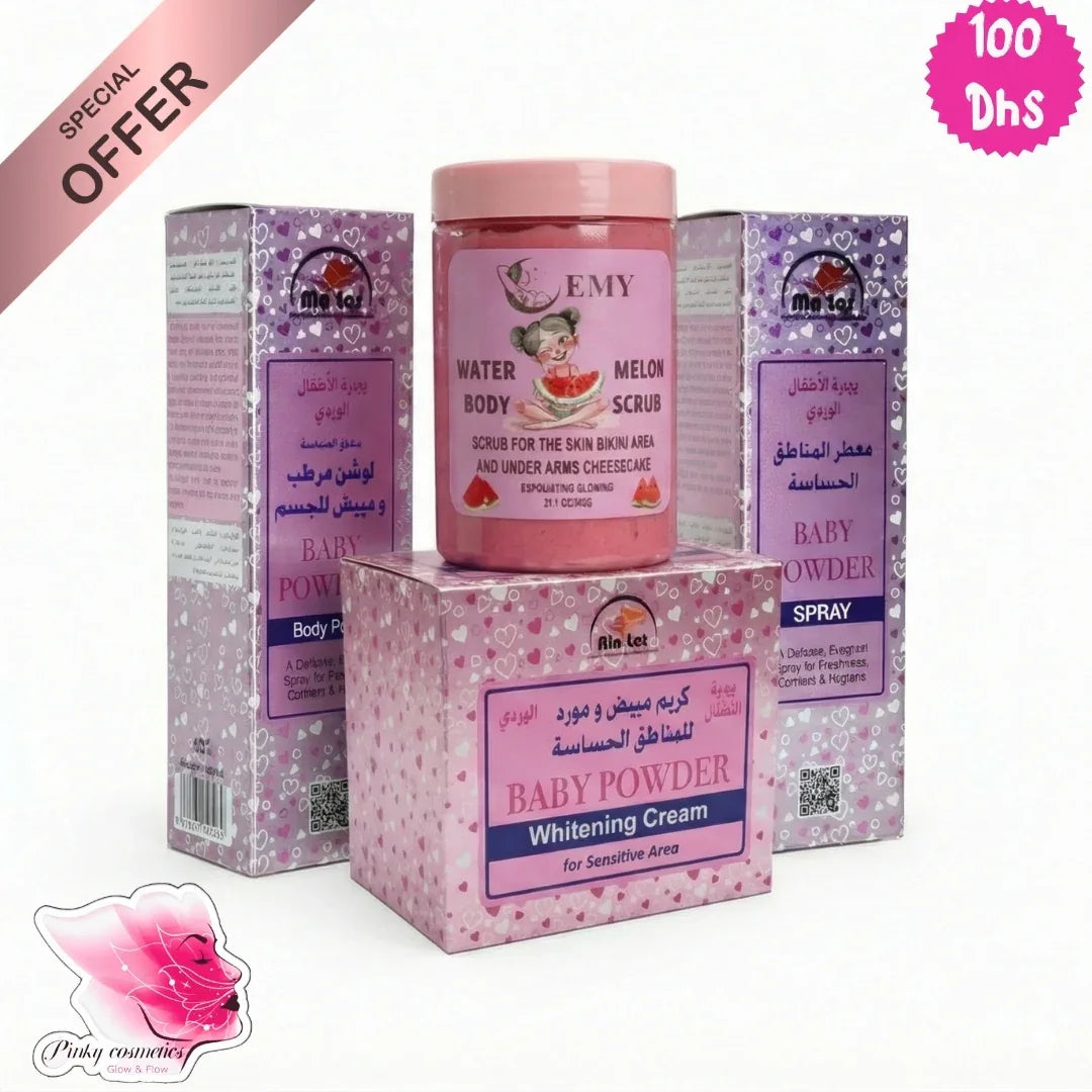 Baby Powder Whitening Cream Set - Sensitive Care - Body Care Set - Baby Powder (Rin Tec) + EMY (bundle contains both brands as shown) -- United Arab Emirates -- Pinky Cosmetics
