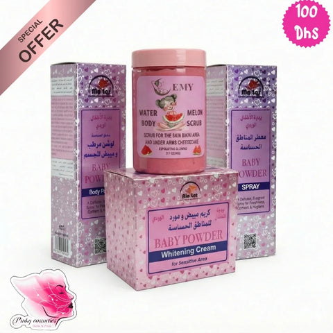 Baby Powder Whitening Cream Set - Sensitive Care - Body Care Set - Baby Powder (Rin Tec) + EMY (bundle contains both brands as shown) -- United Arab Emirates -- Pinky Cosmetics