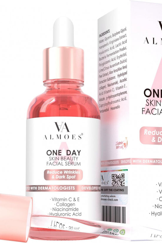 A product image featuring a bottle of Almoes Skin Brightening Facial Serum with packaging that includes scientific information about the product. The bottle is pink with a dropper, and the label indicates it contains 20% Vitamin C, among other ingredients.