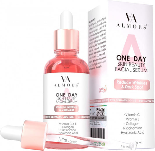 A product image featuring a bottle of Almoes Skin Brightening Facial Serum with packaging that includes scientific information about the product. The bottle is pink with a dropper, and the label indicates it contains 20% Vitamin C, among other ingredients.