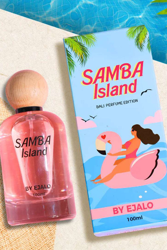 Samba Island perfume 100ml in a pink bottle with a wooden cap, displayed with its vibrant packaging by EJALO