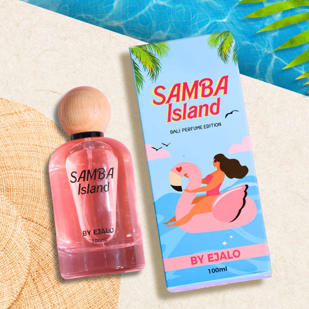 Samba Island perfume 100ml in a pink bottle with a wooden cap, displayed with its vibrant packaging by EJALO