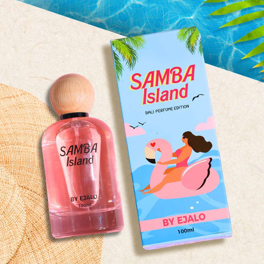 Samba Island perfume 100ml in a pink bottle with a wooden cap, displayed with its vibrant packaging by EJALO