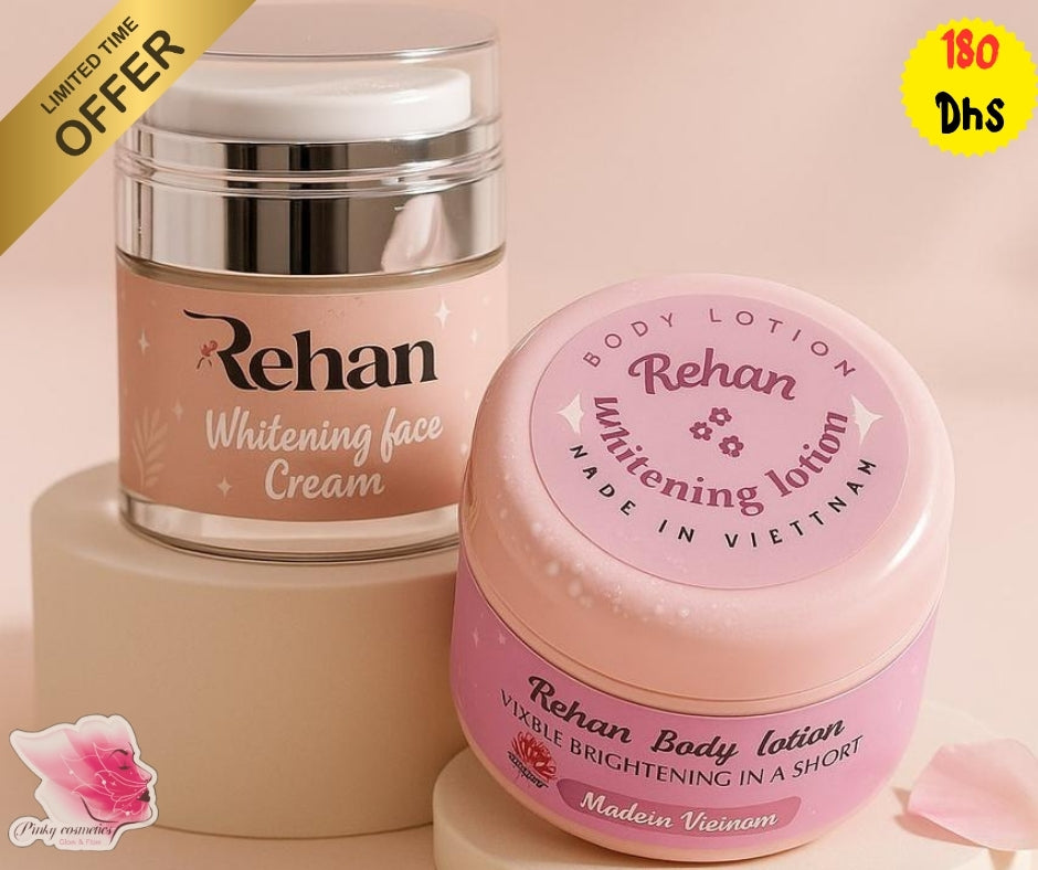 Rehan skincare products including a face cream and body lotion on a pink background with promotional text.