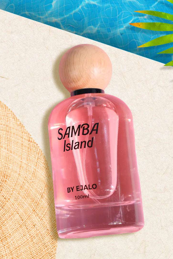 Samba Island perfume 100ml with a wooden cap, displayed on a beach straw mat with tropical elements