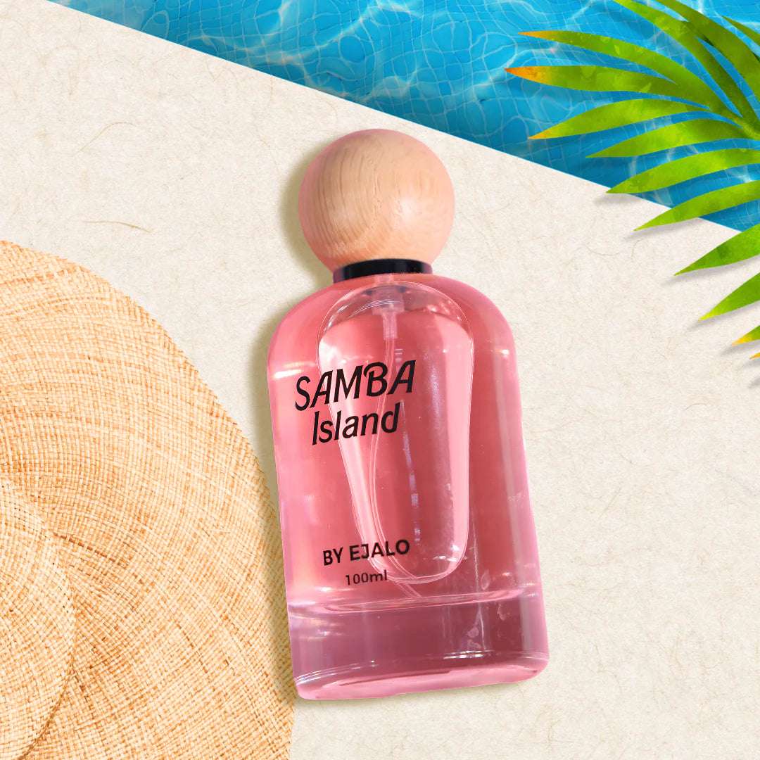 Samba Island perfume 100ml with a wooden cap, displayed on a beach straw mat with tropical elements