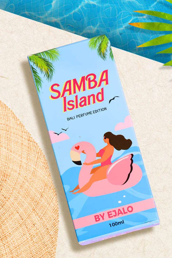Samba Island perfume 100ml packaging featuring vibrant design, tropical theme, and a playful illustration for a refreshing fragrance experience