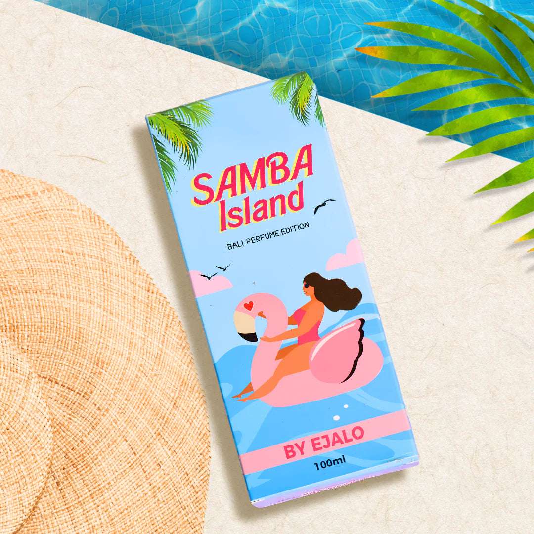Samba Island perfume 100ml packaging featuring vibrant design, tropical theme, and a playful illustration for a refreshing fragrance experience