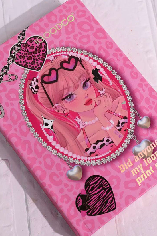 Colorful 4 in 1 makeup palette design featuring a stylish character on a pink cover with heart motifs