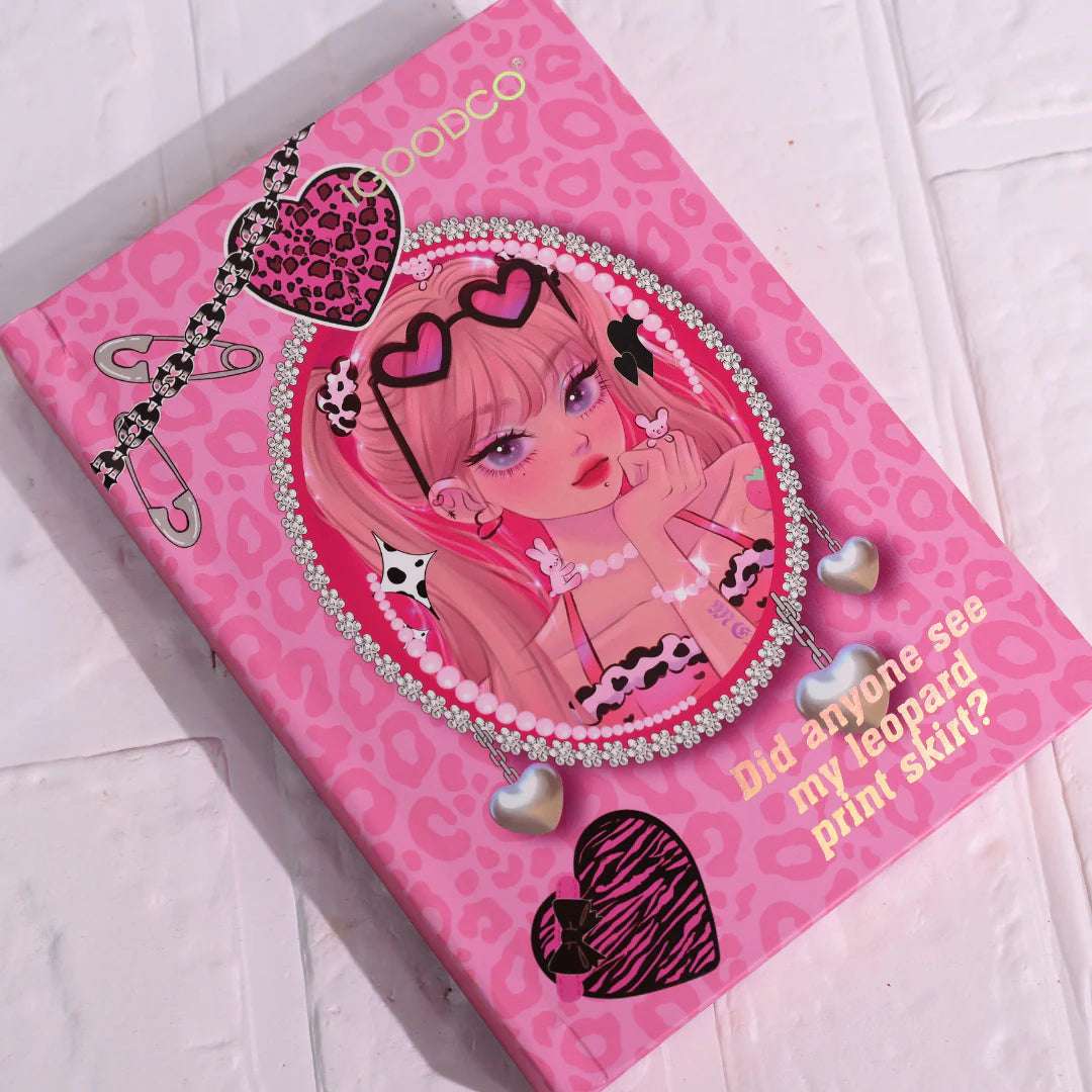 Colorful 4 in 1 makeup palette design featuring a stylish character on a pink cover with heart motifs