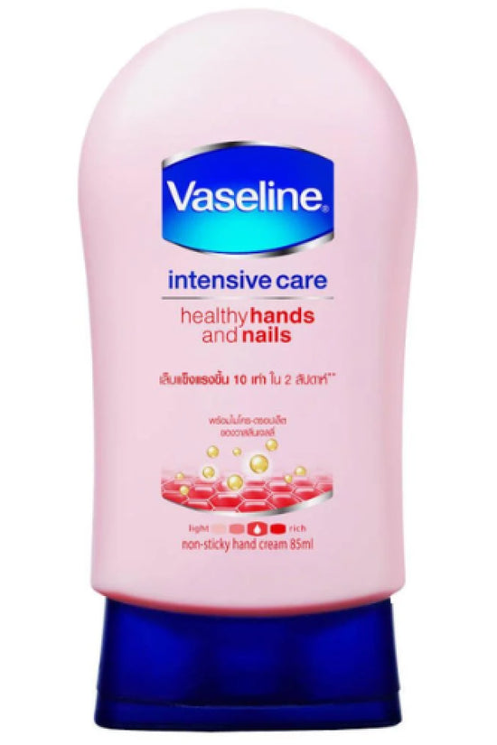 Vaseline Intensive Care Hand & Nail Cream 85ml in a pink tube designed for healthy hands and nails, perfect for daily moisturizing