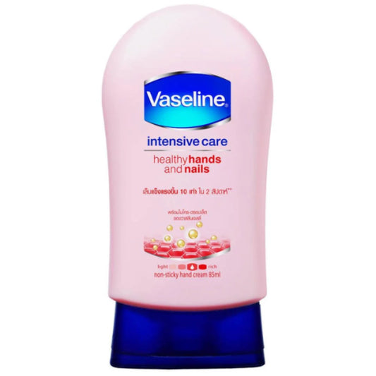 Vaseline Intensive Care Hand & Nail Cream 85ml in a pink tube designed for healthy hands and nails, perfect for daily moisturizing