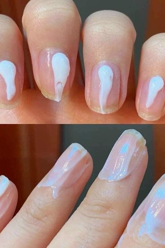 Vaseline hand and nail cream applied on freshly manicured nails, showcasing its moisturizing texture and shine.