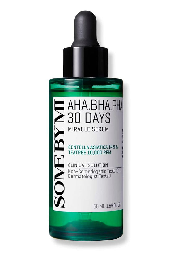 Bottle of AHA BHA PHA 30 Days Miracle Serum with dropper on a white background