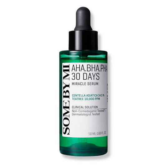 Bottle of AHA BHA PHA 30 Days Miracle Serum with dropper on a white background