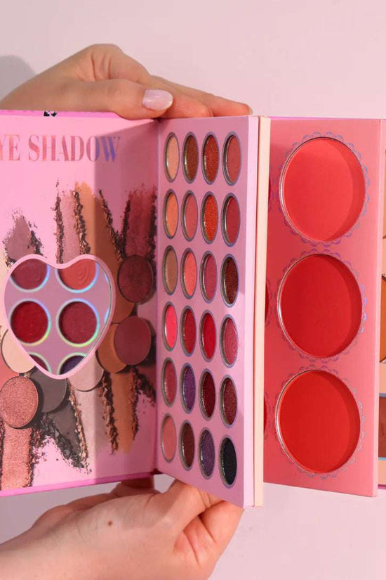 4 in 1 makeup palette featuring vibrant eyeshadows, blush, and lip colors in a heart-shaped design for versatile looks