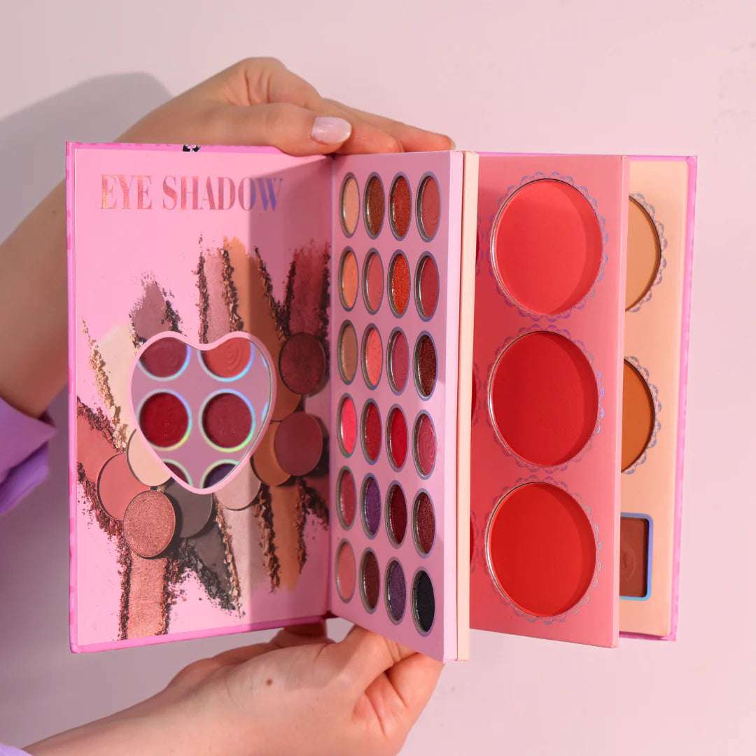 4 in 1 makeup palette featuring vibrant eyeshadows, blush, and lip colors in a heart-shaped design for versatile looks