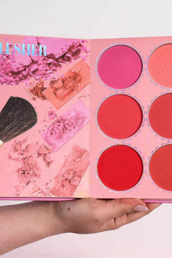 4 in 1 makeup palette featuring six vibrant blush shades and a brush in a stylish pink compact from Pinky Cosmetics