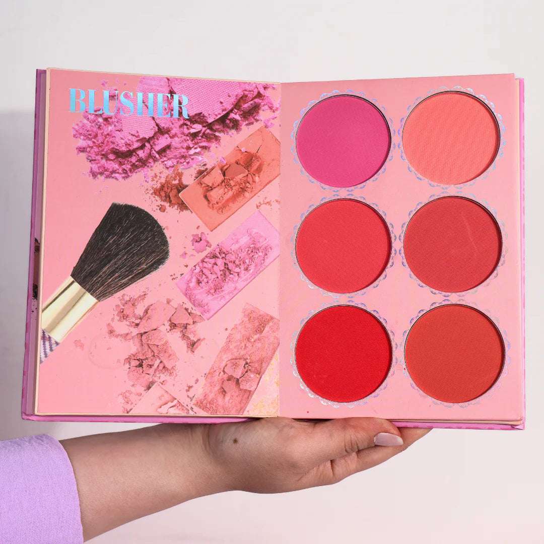 4 in 1 makeup palette featuring six vibrant blush shades and a brush in a stylish pink compact from Pinky Cosmetics