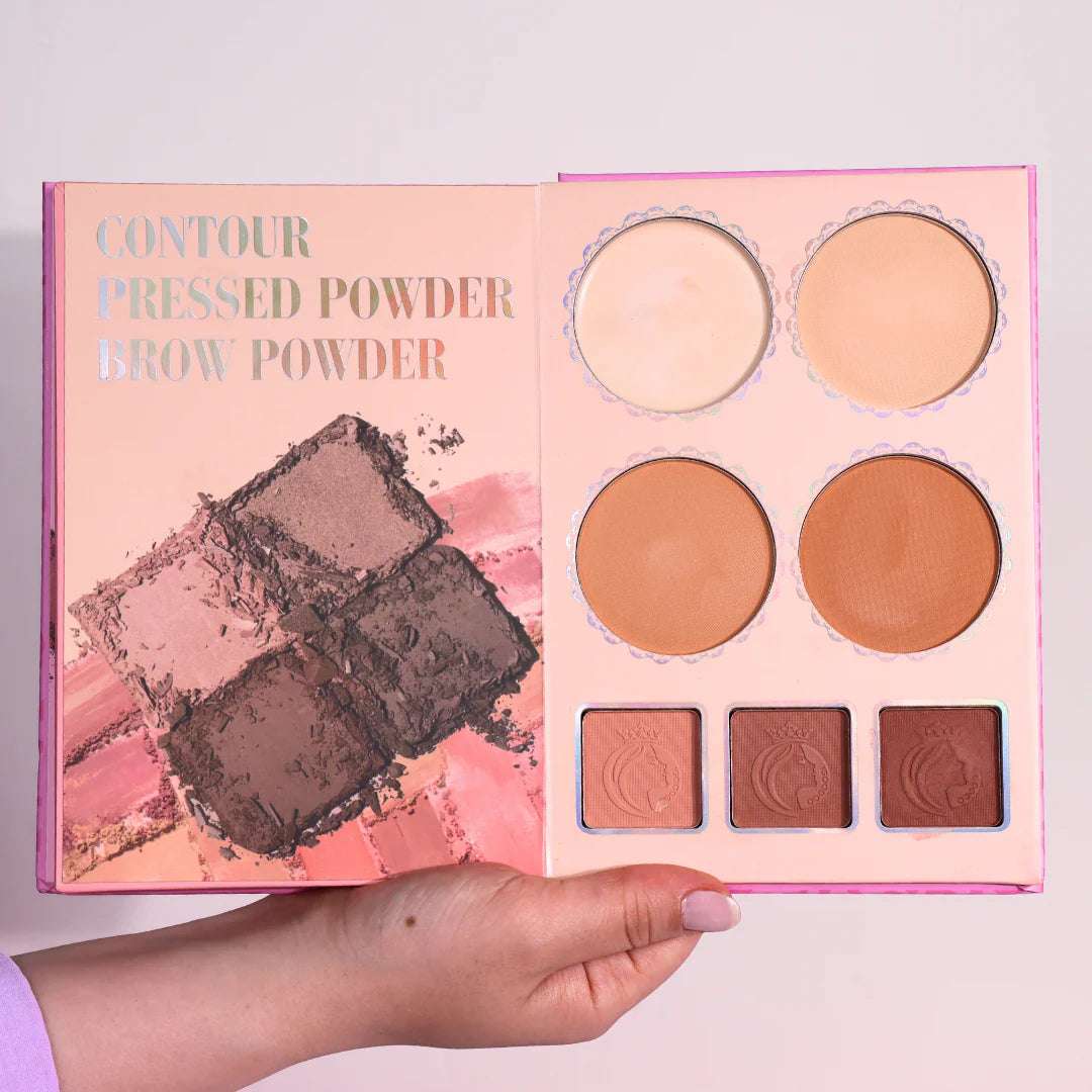 4 in 1 makeup palette showcasing contour, pressed powder, and brow powder in a beautiful design