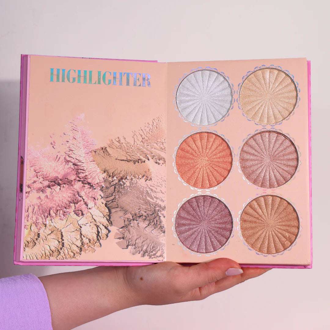 4 in 1 makeup palette open to showcase six shimmery highlighter shades in a vibrant pink book design