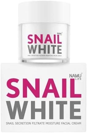 SNAILWHITE facial cream jar with a white label featuring bold pink and gray text for intensive moisture and skin care