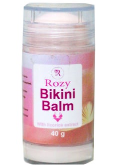 Rozy Bikini Balm in a 40g container designed for sensitive skin, infused with licorice extract for gentle care.