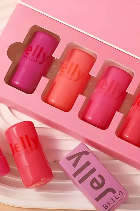 4 piece jelly tint collection in a pink box featuring shades of pink and coral for vibrant, hydrating lips