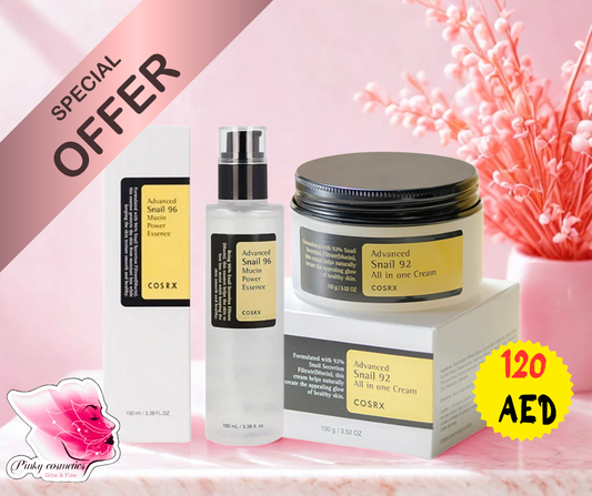COSRX Advanced Snail 96 Essence and 92 Cream skincare duo on marble pink background

Korean beauty set featuring hydrating snail mucin essence and all-in-one cream

COSRX Snail Mucin skincare set with elegant minimalistic packaging