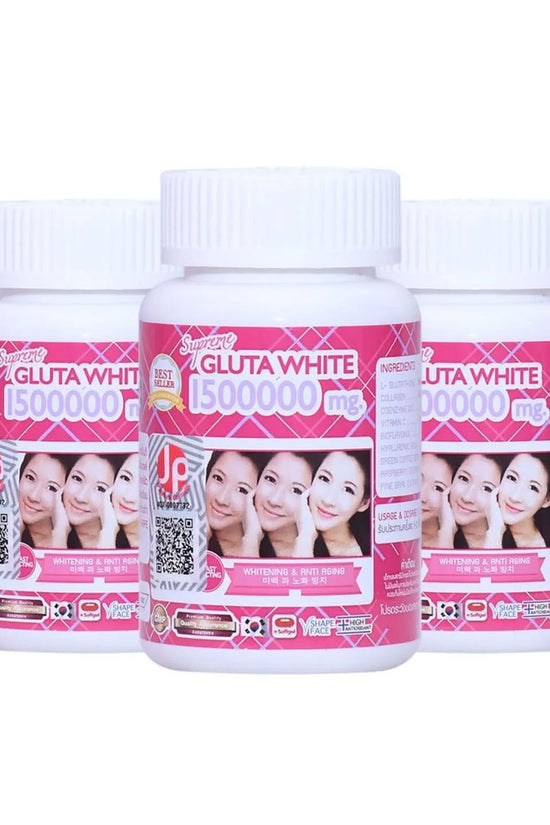 Three bottles of Gluta White 1500000 mg supplement on a white background