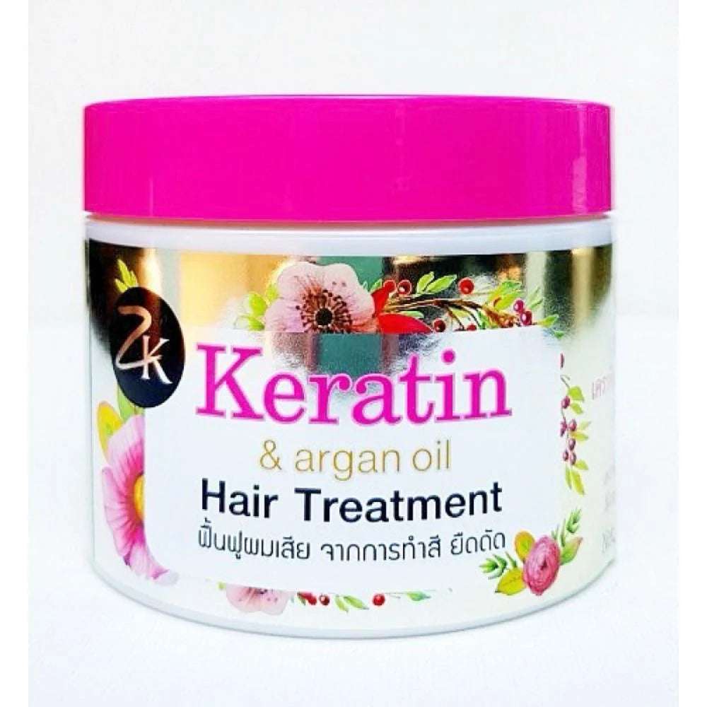 Keratin hair treatment with Argan oil in a pink container, designed to nourish and rejuvenate hair for a healthy shine