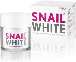 SNAILWHITE facial cream in a sleek glass jar with a silver lid, featuring a white box and pink branding for skincare hydration.