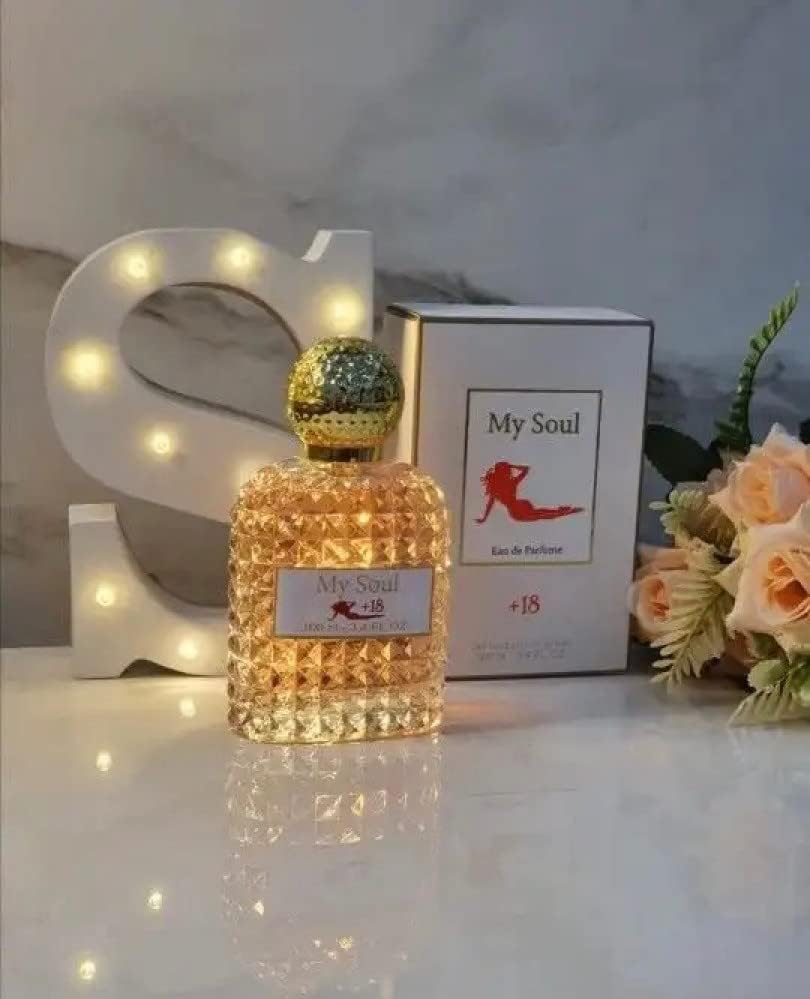 My Soul perfume women's 100ml in a diamond-shaped bottle beside the elegant packaging and flowers on a marble background