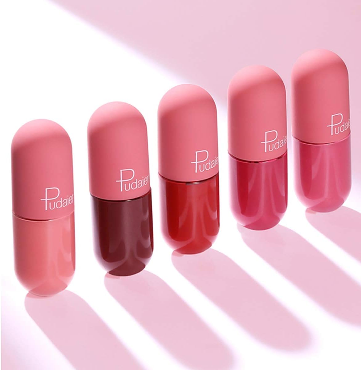 Five colors of mini capsule matte lipstick in pink cases, perfect to buy mini lipstick online UAE for vibrant, beautiful lips.